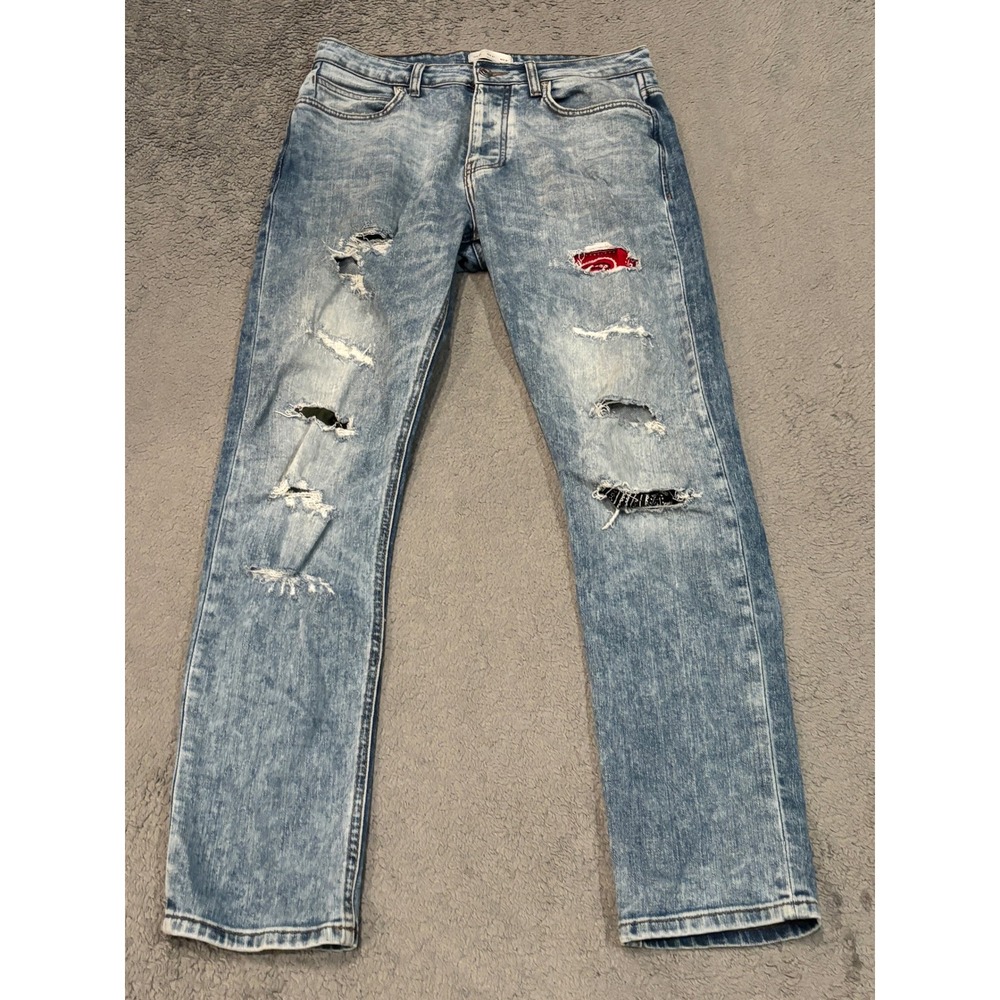 Zara Man Denimwear Distressed Patchwork Slim Jeans Light Wash Blue USA 31